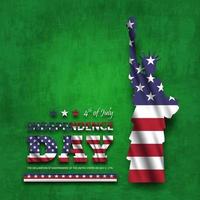 4 de julho feliz dia da independência da América. estátua da liberdade com texto e agitando a bandeira americana. fundo do quadro-negro. vetor. vetor