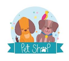 pet shop cães fofos com desenho de animais papagaios vetor