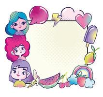 pop art meninas fofas discurso bolha coração frutas sorvete arco-íris, banner de meio-tom vetor