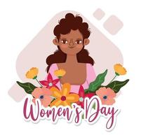 dia das mulheres beleza garota afro com cartão de flores vetor