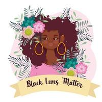 vidas negras importam, lindas flores de desenhos animados de mulher afro e vetor