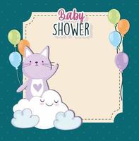 chá de bebê gato fofo desenho animado em nuvem cartão de convite de balões vetor
