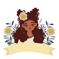 Mulher afro fofa com flor no cabelo encaracolado e fita vetor