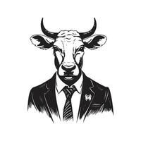 zebu vestindo terno, vintage logotipo linha arte conceito Preto e branco cor, mão desenhado ilustração vetor