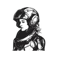 menina dentro futurista armaduras com capacete, vintage logotipo linha arte conceito Preto e branco cor, mão desenhado ilustração vetor