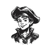 Garoto pirata, vintage logotipo linha arte conceito Preto e branco cor, mão desenhado ilustração vetor