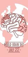cartão postal para mundo cérebro dia, vetor ilustração com uma fofa cérebro dentro desenho animado estilo em a fundo do a terra. Julho 22 e a brilhante Borgonha esboço do a humano cérebro. medicamento, humano saúde