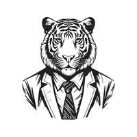 tigre vestindo terno, vintage logotipo linha arte conceito Preto e branco cor, mão desenhado ilustração vetor