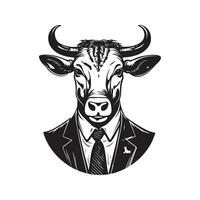 zebu vestindo terno, vintage logotipo linha arte conceito Preto e branco cor, mão desenhado ilustração vetor