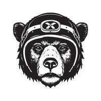 Urso vestindo motocicleta capacete, vintage logotipo linha arte conceito Preto e branco cor, mão desenhado ilustração vetor