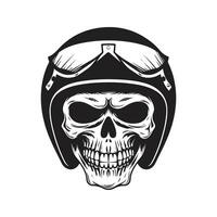 crânio motociclista vestindo capacete, vintage logotipo linha arte conceito Preto e branco cor, mão desenhado ilustração vetor