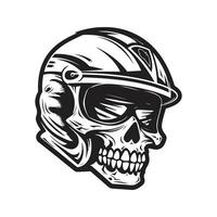 crânio motociclista vestindo capacete, vintage logotipo linha arte conceito Preto e branco cor, mão desenhado ilustração vetor