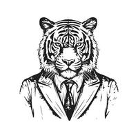 tigre vestindo terno, vintage logotipo linha arte conceito Preto e branco cor, mão desenhado ilustração vetor