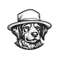 cachorro vestindo balde chapéu, vintage logotipo linha arte conceito Preto e branco cor, mão desenhado ilustração vetor