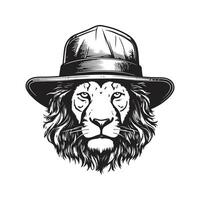 leão vestindo balde chapéu, vintage logotipo linha arte conceito Preto e branco cor, mão desenhado ilustração vetor