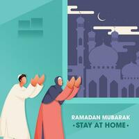 desenho animado muçulmano homem e mulher oferta namaz oração dentro noite Tempo em turquesa e azul mesquita fundo para Ramadã mubarak, fique às lar. vetor