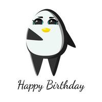 feliz aniversário cumprimento cartão com fofa pinguim e balões. modelo para berçário projeto, poster, aniversário cartão, convite, bebê chuveiro e festa decoração. vetor