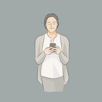 mulher em pé segurando Móvel telefone usando para mensagens de texto conversando comunicando ou navegando local na rede Internet vetor