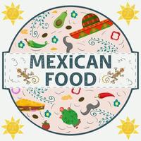 etiqueta da bandeira ilustração redonda em um design plano sobre o tema da inscrição de comida mexicana nomeie todos os elementos da comida pimenta tortilla taco cacto galhos e chapéu sombrero em um círculo vetor