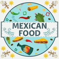 etiqueta da bandeira ilustração redonda em um design plano sobre o tema comida mexicana inscrição nome de todos os elementos da comida pimenta tortilla taco bebida tequila cacto em um círculo vetor