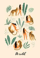 Seja selvagem. Ilustrações do vetor da mulher com leopardo e as folhas tropicais.