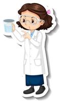 personagem de desenho animado de menina cientista com objeto de experimento científico vetor