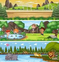 paisagem panorâmica de natureza diferente definida com personagem de desenho animado vetor