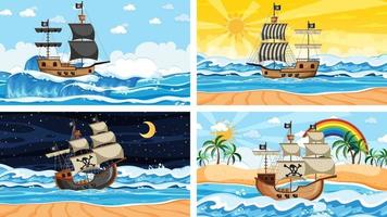 conjunto de oceano com navio pirata em diferentes momentos, cenas em estilo cartoon vetor