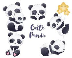 coleção de pequenos pandas fofos em aquarela vetor