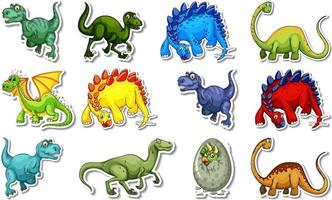 Conjunto de adesivos com diferentes tipos de personagens de desenhos animados de dinossauros vetor