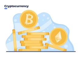 ilustração em vetor plana moeda criptomoeda com bitcoin e ethereum. ilustração do conceito da moeda digital de criptografia de ouro. moeda de dinheiro eletrônico virtual.