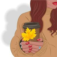 outono, na moda ruiva menina segurando uma café e uma folha, vetor ilustração, impressão