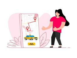 uma menina carrinhos perto a Smartphone, em a tela Táxi aplicativo em Smartphone tela. pegue uma Táxi. vetor