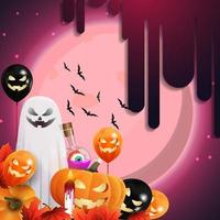 jack abóbora, balões do mal de halloween e fantasma em fundo rosa com grande lua cheia. modelo quadrado para suas artes vetor