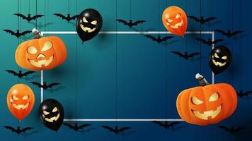 template halloween para sua criatividade com moldura para seu texto, morcegos, abóboras e balões amarrados com cordas no teto e flutuando no ar vetor