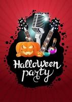 festa de halloween, banner de convite de festa criativa com microfone, guitarras, abóboras e frascos com poção. modelo vermelho para pôster da festa de halloween vetor