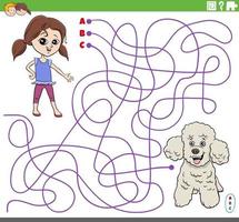 jogo educativo de labirinto com desenho animado de menina e cachorro poodle vetor