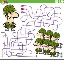 jogo de labirinto educacional com soldado de desenho animado e exército vetor