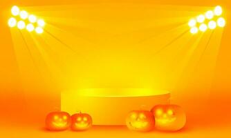 brilhante estádio néon luzes laranja dia das Bruxas pódio fundo, roxa pódio três degrau com abóbora engraçado face para produtos mostrar, vetor ilustração