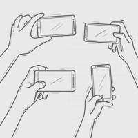 mãos segurando smartphone tirando foto com linha de arte desenhada à mão vetor