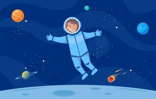 astronauta desenho animado personagem dentro exterior espaço terno. astronauta miúdo. desenho animado Garoto vestindo astronauta fantasia. vetor ilustração.