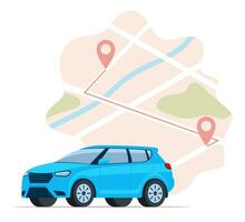 azul carro e pontos localização em uma cidade mapa. carro partilha conceito. vetor ilustração.