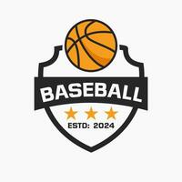 cesta bola logotipo conceito com escudo e basquetebol símbolo vetor
