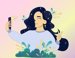 vetor ilustração dentro desenho animado estilo do jovem menina levando selfie. lindo menina com sorridente, com cósmico Sombrio cabelo dentro a flores