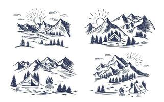 acampar na natureza, paisagem de montanha, estilo de desenho, ilustrações vetoriais. vetor