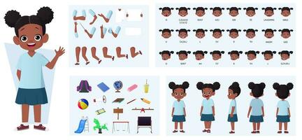 africano americano menina personagem construtor pacote com gestos, facial expressões, e diferente poses vetor ilustração