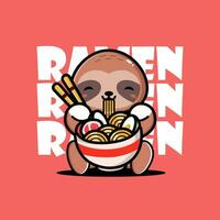 fofa bebê bicho-preguiça comendo ramen Macarrão vetor