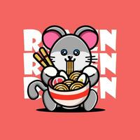 fofa bebê rato comendo ramen Macarrão vetor