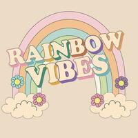 groovy arco Iris com nuvens, flores e arco Iris vibrações slogan dentro rabisco estilo. isolado vetor ilustração dentro 1970 estilo para camiseta, adesivos, cartazes e cartões postais. hippie retro estilo