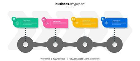 modelo de negócios de design infográfico vetorial com ícones e 4 opções ou etapas. pode ser usado para diagrama de processo, apresentações, layout de fluxo de trabalho, banner, fluxograma, gráfico de informações vetor